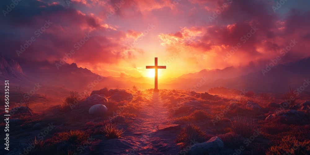 Sunset over the mountains with a cross in the foreground highlighting a moment of reflection and serenity Sunset over the mountains with a cross in the foreground highlighting a moment of reflection and serenity