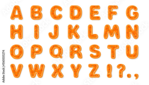 Collection of letters of the Latin alphabet in the form of gingerbread cookies. Gingerbread cookies for Halloween with orange icing, isolated on white background.