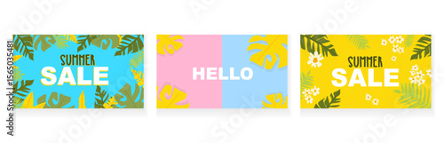 Colorful Summer Sale and Hello Banners with Tropical Leaves