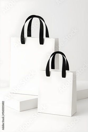 Dua tas belanja/hadiah putih polos dengan gagang hitam, satu besar satu kecil. Cocok untuk mockup, branding, atau konsep hadiah. shopping bag icon
