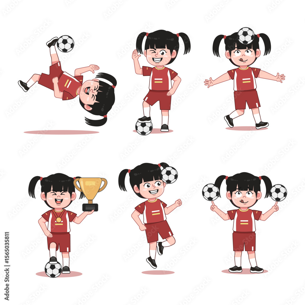 Cute Chinese Girl Character Playing Football With Different Pose Collections Cute Chinese Girl Character Playing Football With Different Pose Collections