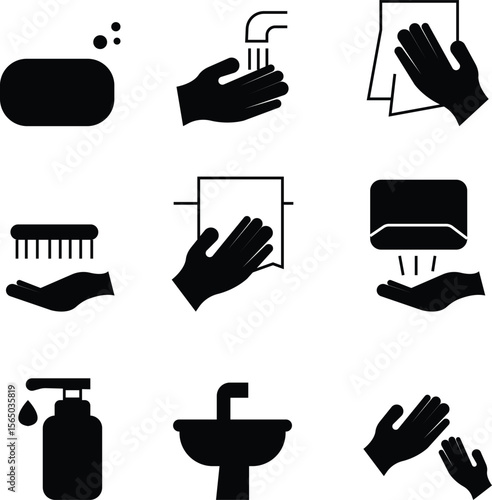 Wash your hands icon set, Personal treatment vector, symbol concept for graphic design, Cleaning Sponge, Dirty, Dryer, Faucet, Hand Dryer, Human Hand, Human Skin, Hygiene, Skin, Soap, Toilet, Water.