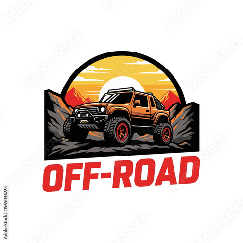 Off-road adventure SUV emblem with rugged vehicle and mountains in background, suitable for badges and outdoor branding