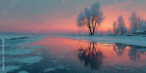 Stunning winter sunrise reflecting on still water with silhouetted trees in a serene landscape