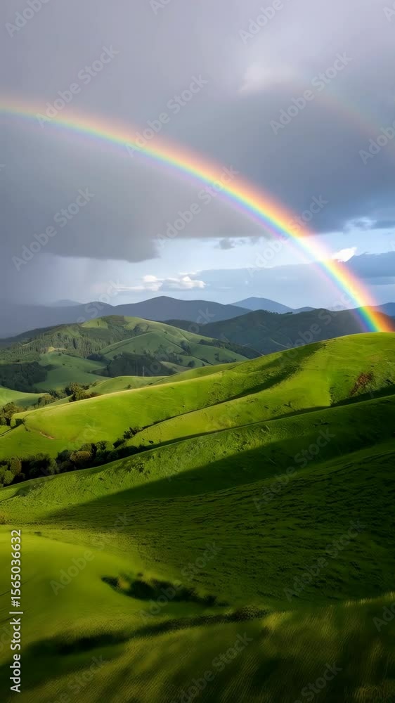 Rolling green hills of pastureland under a dramatic sky with a vivid rainbow arching across the landscape after a rainstorm Rolling green hills of pastureland under a dramatic sky with a vivid rainbow arching across the landscape after a rainstorm