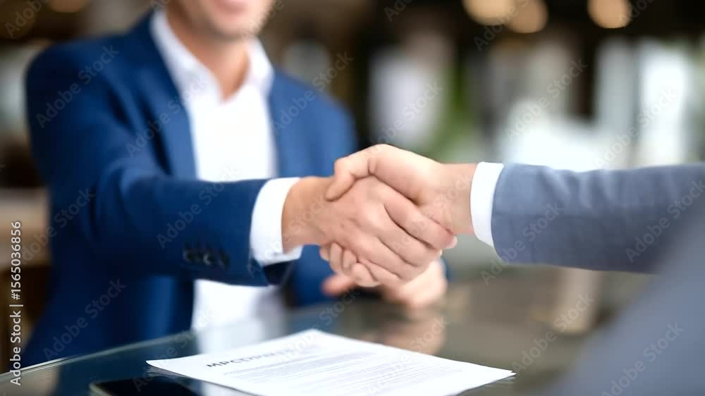 Close-up of handshake between agent and homebuyer, keys and mortgage approval form in sharp focus on modern glass table. Close-up of handshake between agent and homebuyer, keys and mortgage approval form in sharp focus on modern glass table.