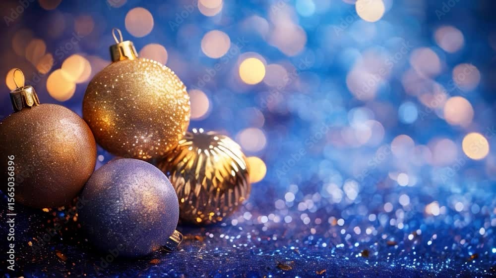 glittering gold and blue Christmas ornaments resting on a sparkling blue surface with a bokeh background glittering gold and blue Christmas ornaments resting on a sparkling blue surface with a bokeh background