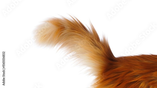 Close up of a fluffy orange cat tail with white background and soft fur texture in bright light