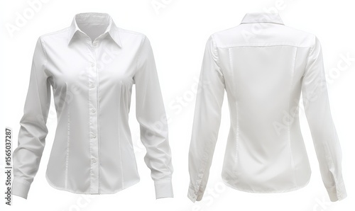 A white long-sleeve female button-up shirt displayed from the front and back view.