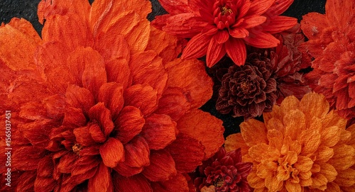A close up shot of vibrant orange and red dahlia flowers arranged on a dark background surface