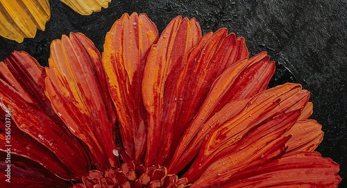 Close up of a vibrant red and orange flower with water droplets against a dark textured background
