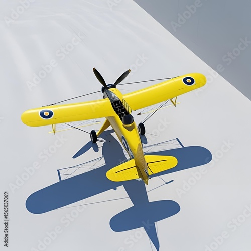Aerial view of a yellow biplane with propeller and roundels on a white surface