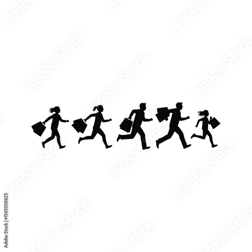 Silhouettes of people running with shopping bags shopping spree black friday sale retail therapy illustration