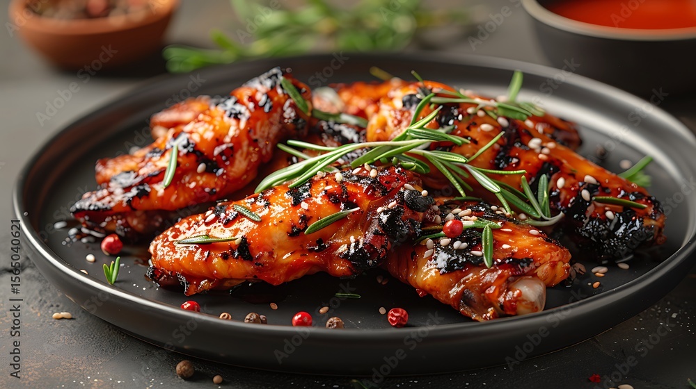 Appetizing glazed chicken wings on a dark plate, garnished with rosemary and sprinkled with sesame seeds, ready to eat. Appetizing glazed chicken wings on a dark plate, garnished with rosemary and sprinkled with sesame seeds, ready to eat.