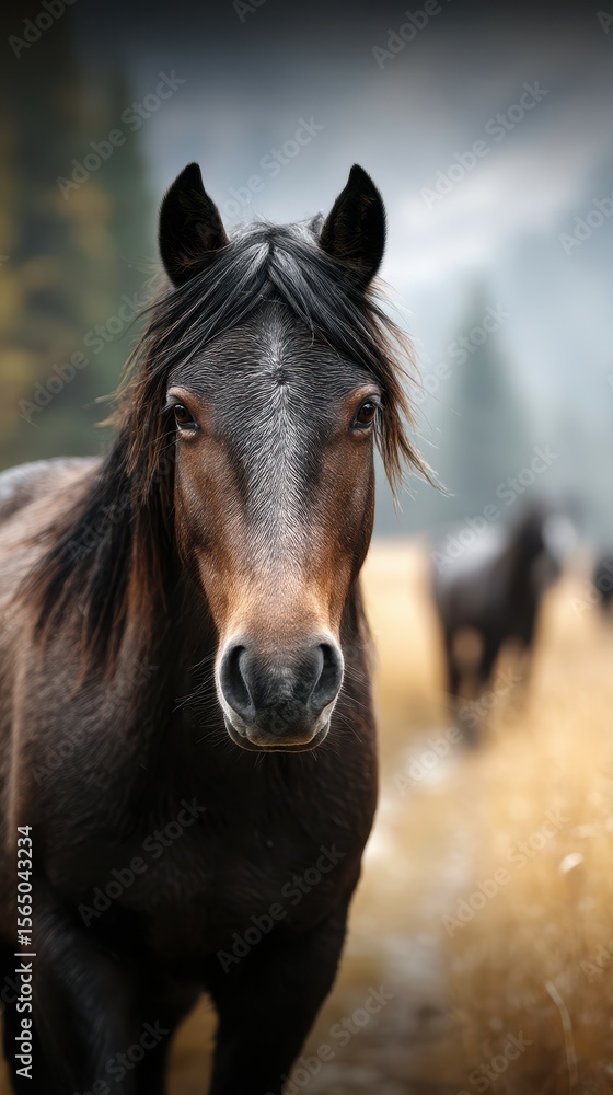 Black horse with an expressive face walking through a golden field at dusk near a forest Black horse with an expressive face walking through a golden field at dusk near a forest