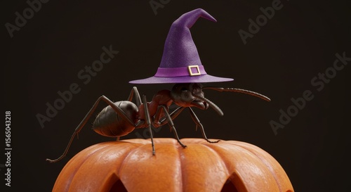 Ant in Witch Hat on Pumpkin - A 3D of an ant wearing a witch's hat perched atop a carved pumpkin. Perfect for Halloween
