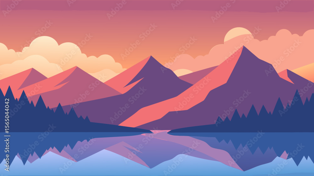 Fototapeta premium Serene mountain landscape with a calm lake reflecting the colorful sunset sky