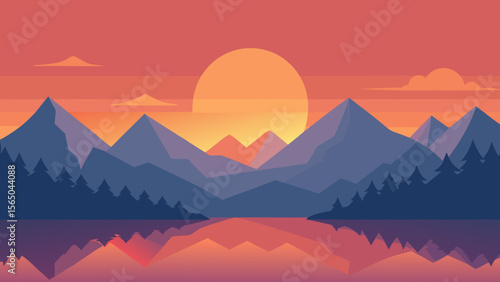 Serene mountain landscape with a vibrant sunset reflected in a calm lake