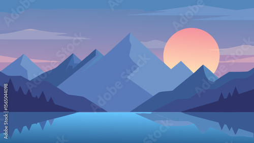Serene mountain landscape with a large sun setting over a calm lake