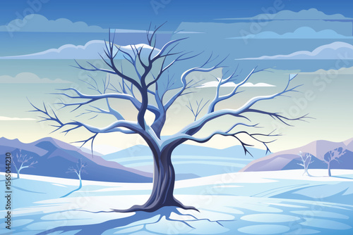 Stylized Winter Landscape with Bare Tree and Snowy Hills in Blue Tones