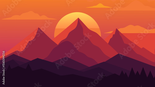 Vibrant sunset over stylized mountain range with warm orange and purple hues