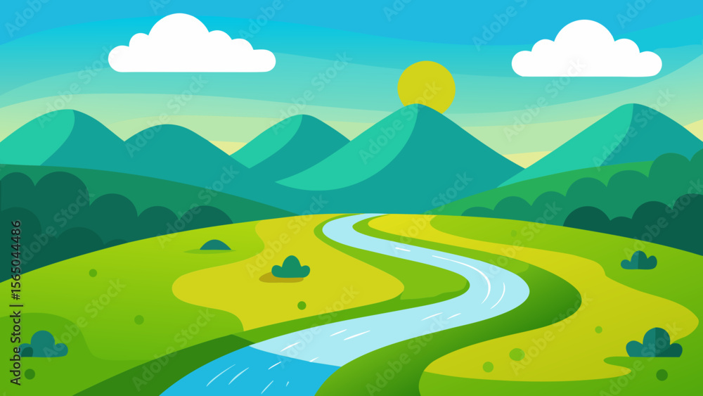 Obraz premium Stylized landscape with a winding river flowing through green hills towards mountains