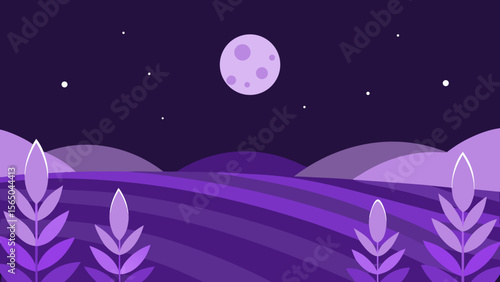 Stylized purple landscape at night with a full moon and stars over rolling hills