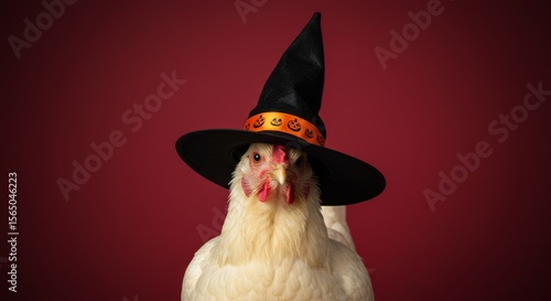 Chicken in Witch Hat Halloween Costume - A white chicken wearing a black witch's hat with orange Halloween ribbon. Perfect for Halloween themed projects