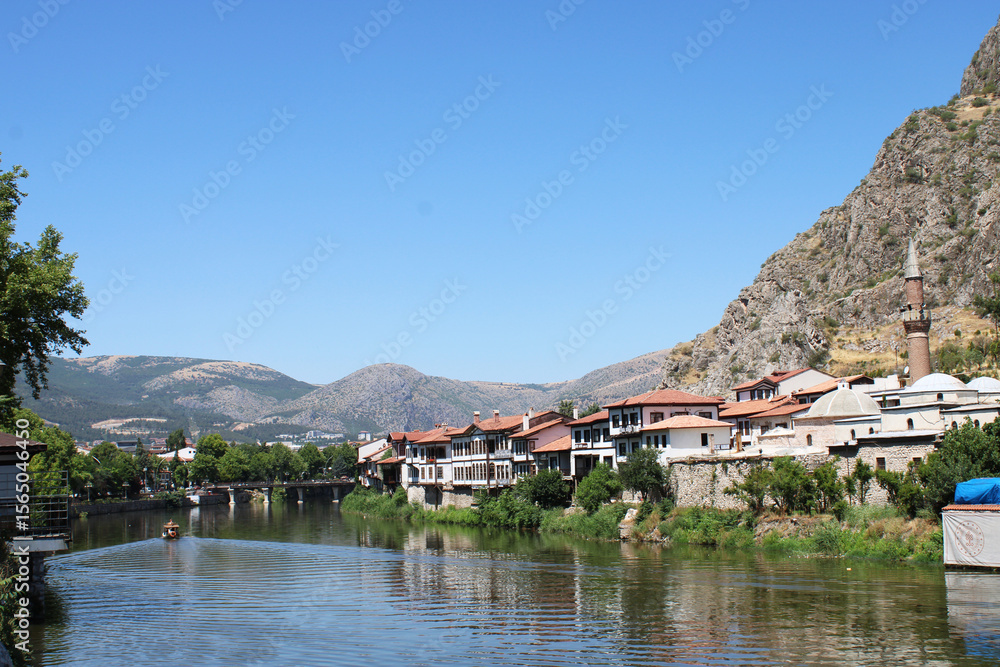 The magnificent river passes through the city of Amasya and the houses on the mountainside The magnificent river passes through the city of Amasya and the houses on the mountainside