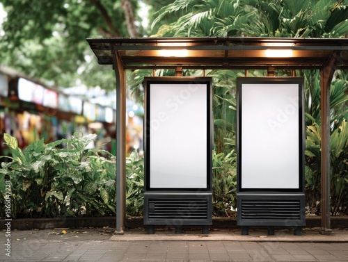 Two Blank Vertical Outdoor Advertising Billboards at Bus Stop
