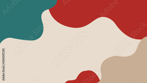 Abstract background with dynamic, flowing shapes in a bold retro palette of teal, red, and beige. A contemporary design with strong visual movement and contrasting colors.