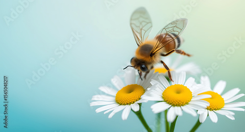 Fototapeta Naklejka Na Ścianę i Meble -  Honey bee on white daisies with yellow centers insect flying