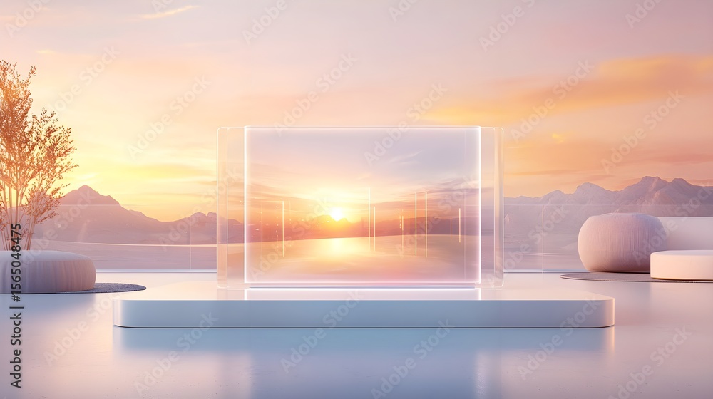 Fototapeta premium Tranquil Glass Table with Sunset View