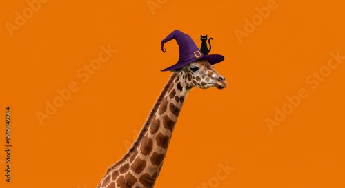 Giraffe Witch Halloween Costume - A giraffe wearing a witch's hat with a black cat perched on top, symbolizing Halloween, fun, whimsical, animals, and autumn