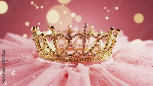 Sparkling crown on pink tutu with drifting bokeh and magical glitter animation