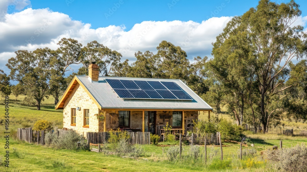 Fototapeta premium A small rural home with a completed solar installation, featuring robust, weather-resistant panels on its roof