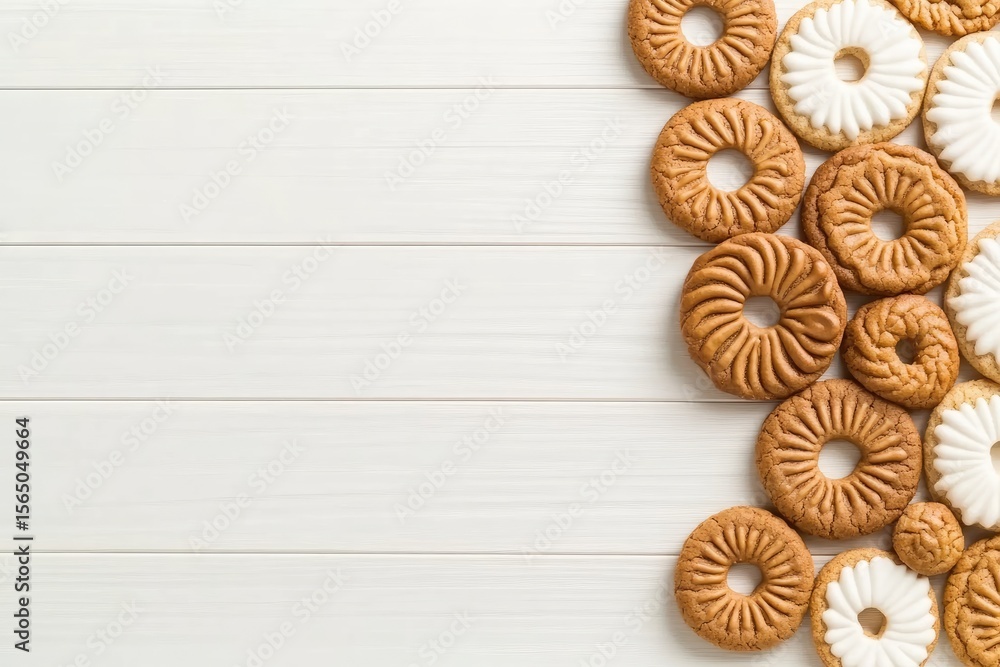 Obraz premium Ring Cookies with White Icing on White Wooden Background, Top View