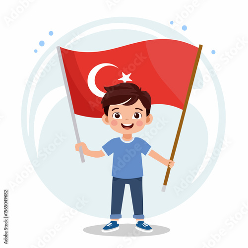Patriotic Joy: An illustrated young boy proudly waves the Turkish flag, symbolizing national pride and cultural celebration.