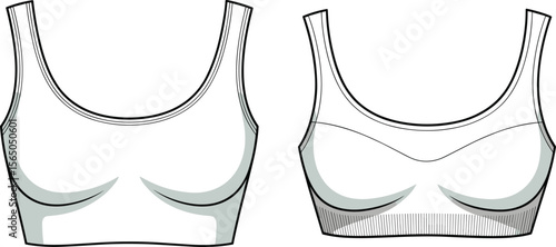 Women's sports bra technical flat sketch, front view detailed CAD drawing, activewear fashion design template, seamless lingerie vector illustration