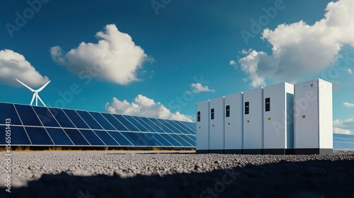 Renewable energy infrastructure with solar panels and wind turbine in the background.  Modern energy storage systems are installed on the ground.