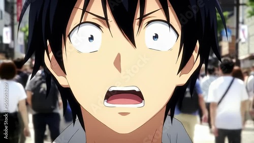 Anime boy with shocked expression, large eyes, and dark hair, on busy street