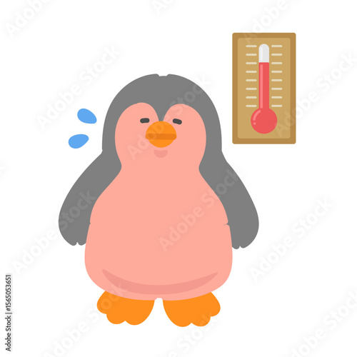 温度計と暑さを感じるペンギン　熱中症対策　イラスト