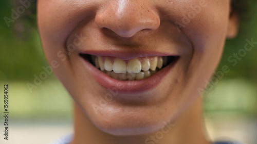 Cropped view unrecognizable African American happy woman smiling positive toothy smile healthy teeth oral dental health medicine dentistry girl female lips lady satisfied face in city urban outdoors