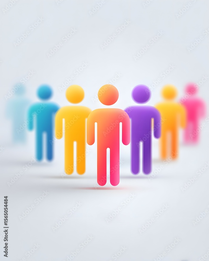 Colorful stylized human figures arranged in a line, symbolizing diversity, unity, and community in a modern, minimalistic design. Colorful stylized human figures arranged in a line, symbolizing diversity, unity, and community in a modern, minimalistic design.