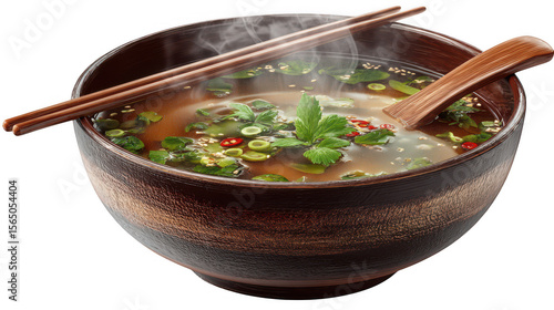 Steaming bowl of soup with chopsticks and spoon on transparent background