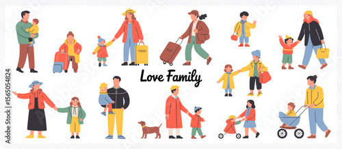 Family love togetherness with children walking, families with babies, kids, parents, diverse group illustration