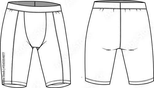 Flat technical sketch of compression cycling shorts with elastic waistband, ergonomic seams, tight fit design, front and back garment view.