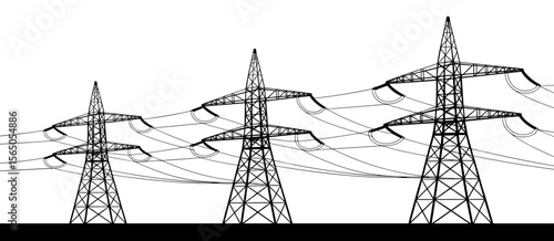 Power lines with electricity pylons, overhead transmission lines energy concept, silhouette