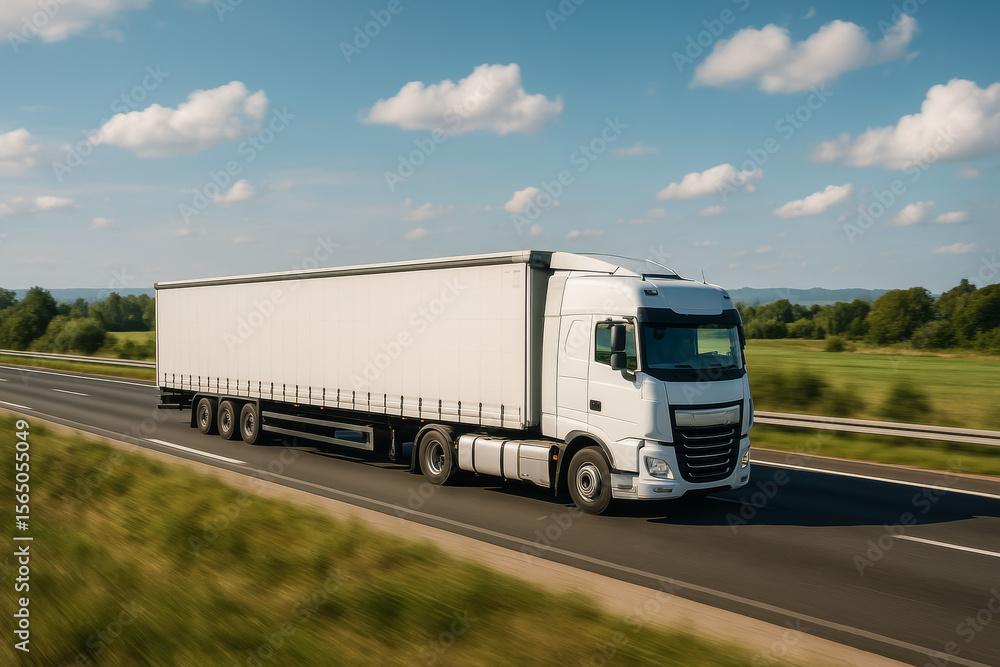 White delivery truck driving on a highway under blue sky White delivery truck driving on a highway under blue sky
