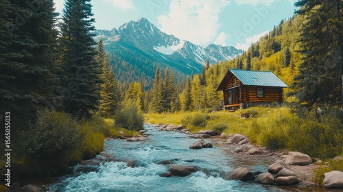 Rustic log cabin nestled in a mountain valley with a babbling brook.